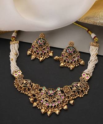 Gold plated multicolor temple motif choker set 4