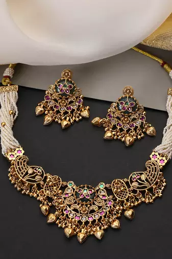Gold plated multicolor temple motif choker set