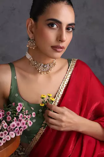 Gold plated multicolor temple motif choker set