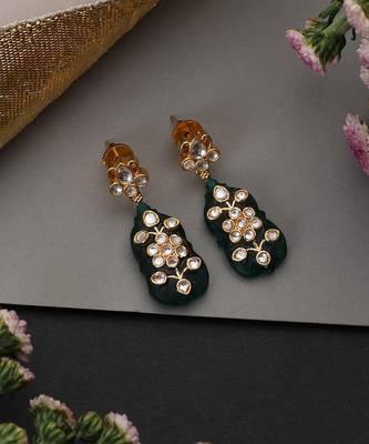 Gold plated green polki dangler earrings 2