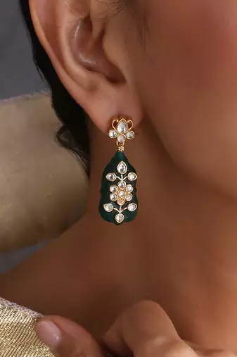 Gold plated green polki dangler earrings