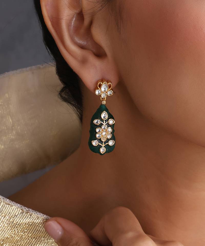 Gold plated green polki dangler earrings