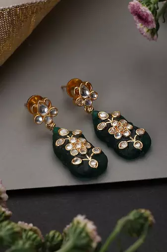 Gold plated green polki dangler earrings