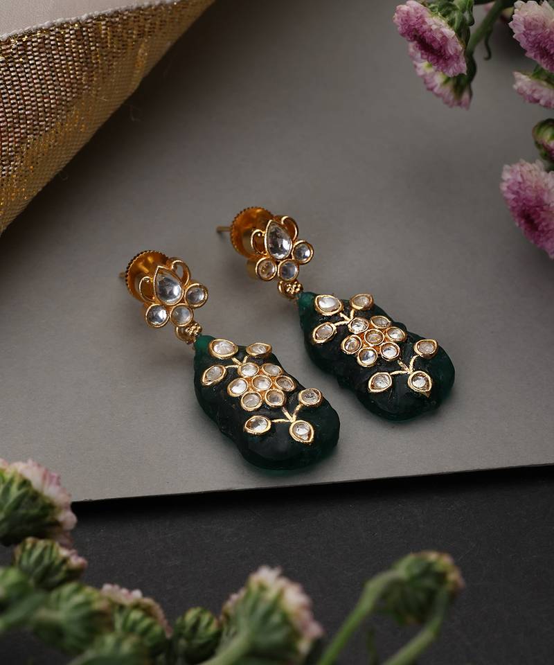 Gold plated green polki dangler earrings