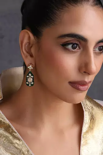 Gold plated green polki dangler earrings