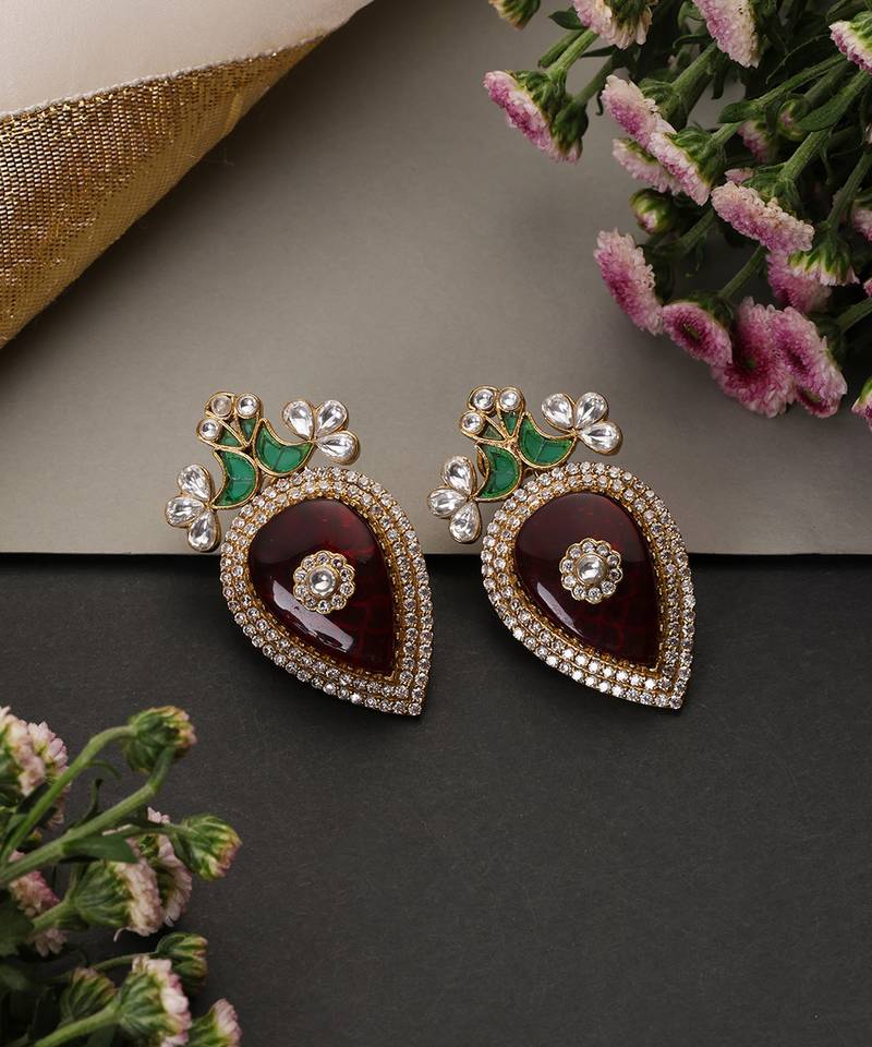 Ruby red and green polki stud earrings