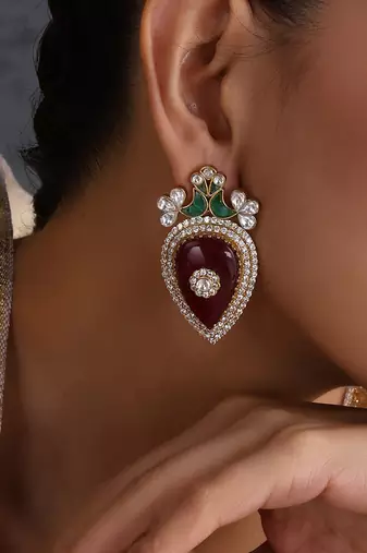 Ruby red and green polki stud earrings