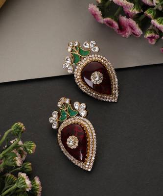 Ruby red and green polki stud earrings 4
