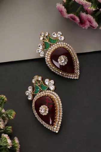 Ruby red and green polki stud earrings