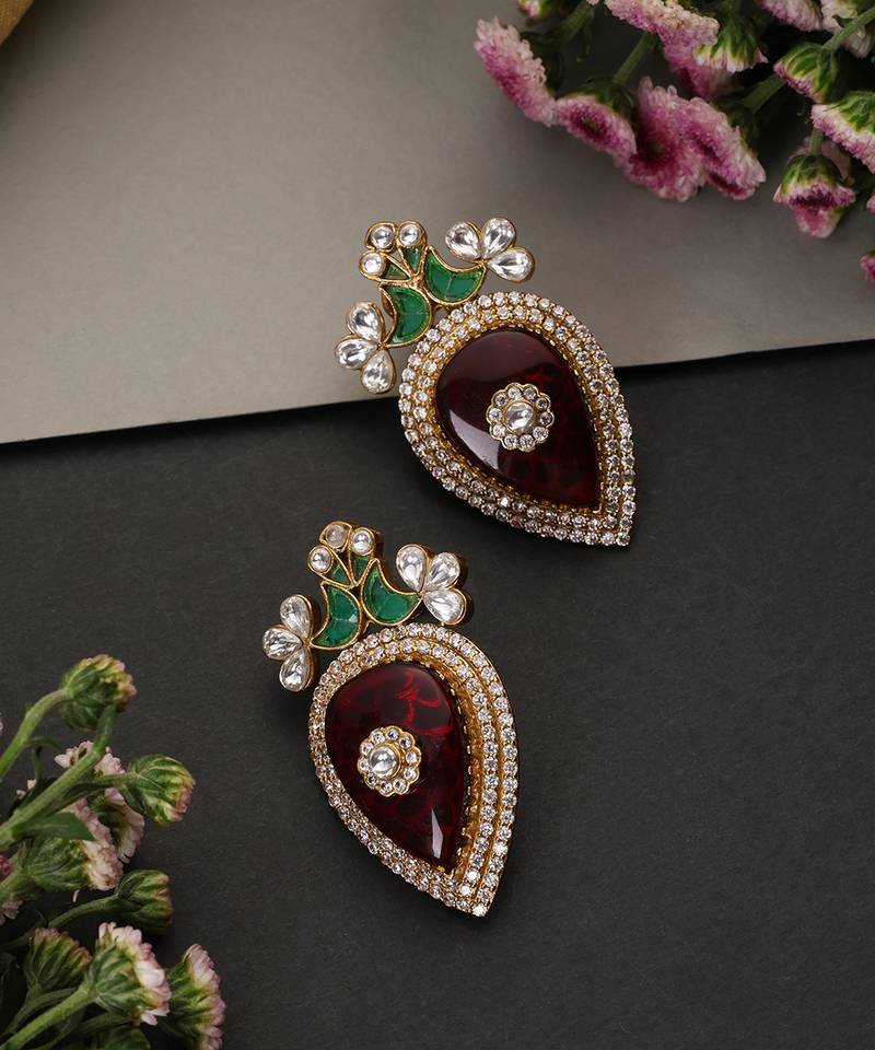 Ruby red and green polki stud earrings