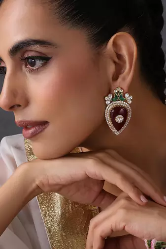 Ruby red and green polki stud earrings
