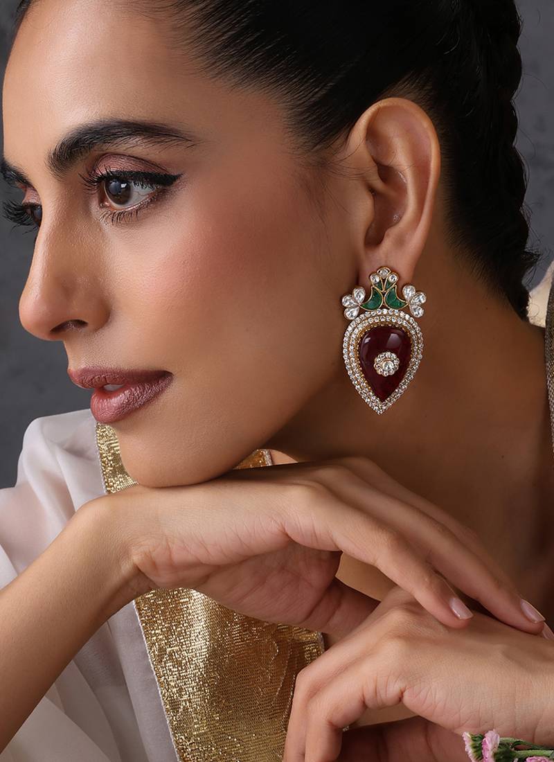 Ruby red and green polki stud earrings