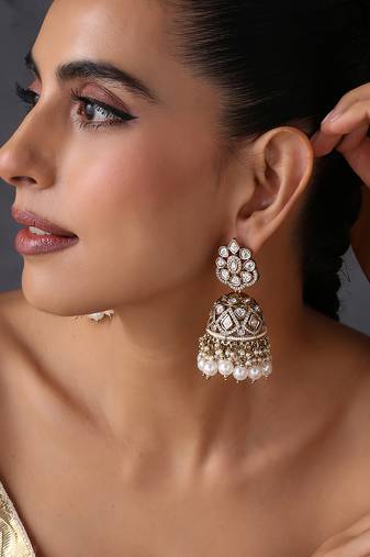 Gold plated white beaded polki jhumka earrings