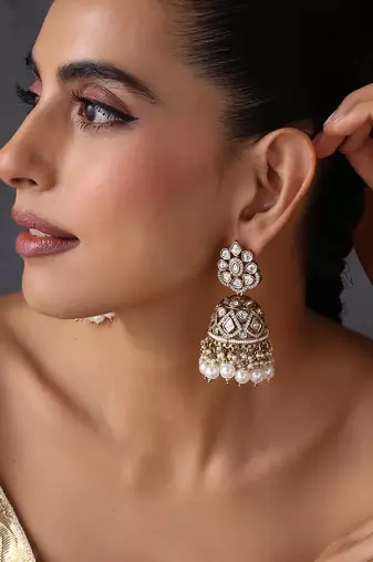 Gold plated white beaded polki jhumka earrings