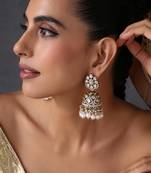 Gold plated white beaded polki jhumka earrings