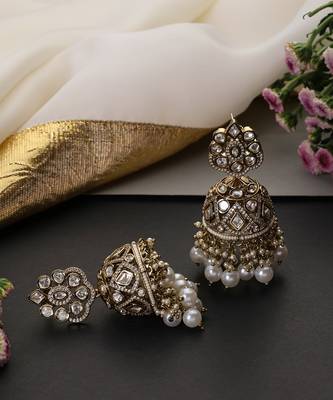 Gold plated white beaded polki jhumka earrings 2