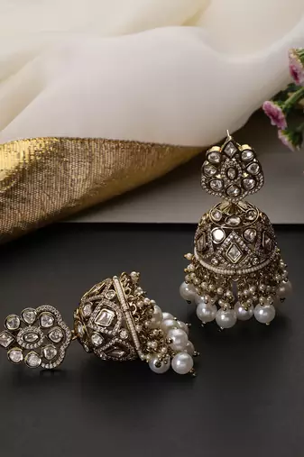 Gold plated white beaded polki jhumka earrings