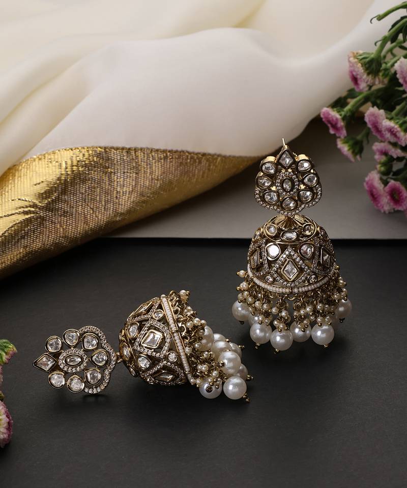 Gold plated white beaded polki jhumka earrings