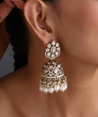 Gold plated white beaded polki jhumka earrings 3