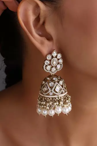 Gold plated white beaded polki jhumka earrings