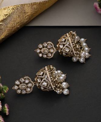 Gold plated white beaded polki jhumka earrings 4