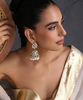 Gold plated white beaded polki jhumka earrings 5