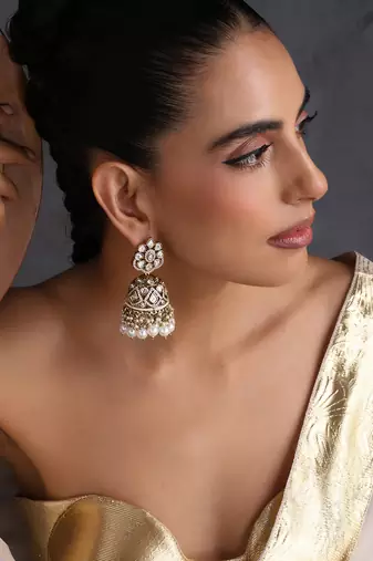 Gold plated white beaded polki jhumka earrings