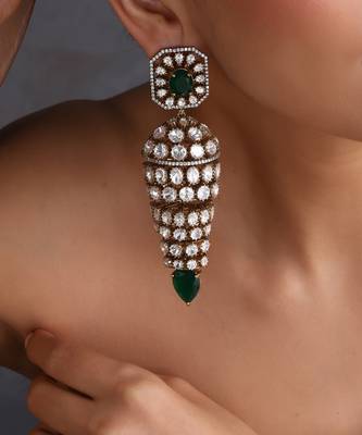 Gold plated emerald green polki jhumka earrings 3