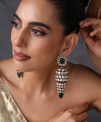 Gold plated emerald green polki jhumka earrings 5