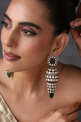 Gold plated emerald green polki jhumka earrings