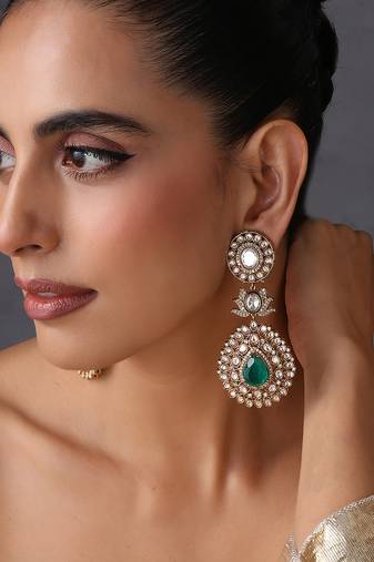 Gold plated emerald green polki dangler earrings