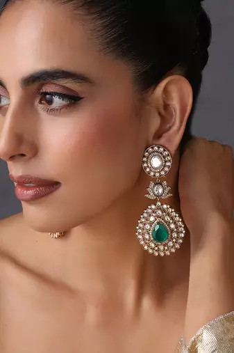 Gold plated emerald green polki dangler earrings