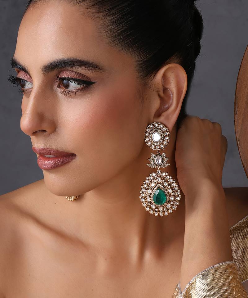Gold plated emerald green polki dangler earrings