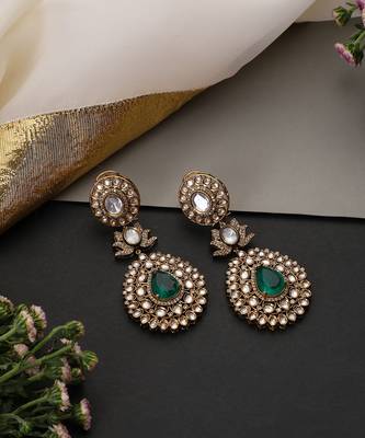 Gold plated emerald green polki dangler earrings 2