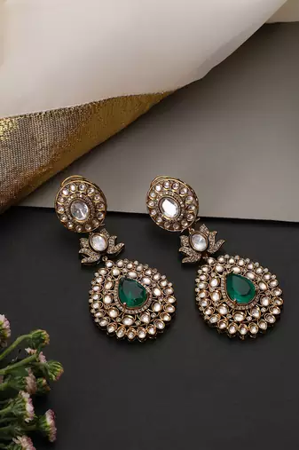 Gold plated emerald green polki dangler earrings