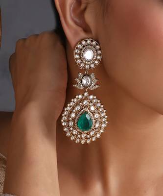 Gold plated emerald green polki dangler earrings 3