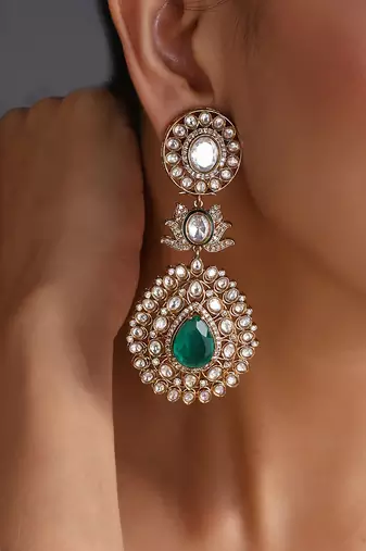 Gold plated emerald green polki dangler earrings