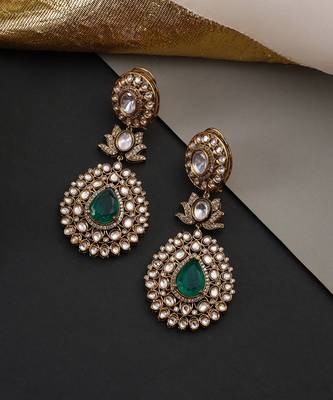Gold plated emerald green polki dangler earrings 4