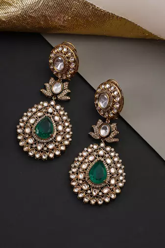 Gold plated emerald green polki dangler earrings