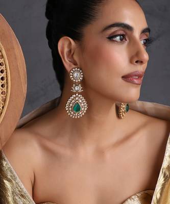 Gold plated emerald green polki dangler earrings 5