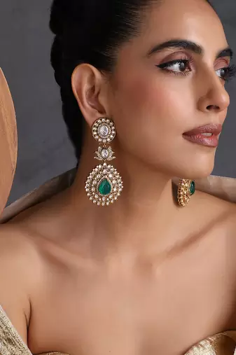 Gold plated emerald green polki dangler earrings