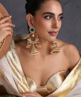 Gold plated emerald green polki kundan jhumka earrings 1