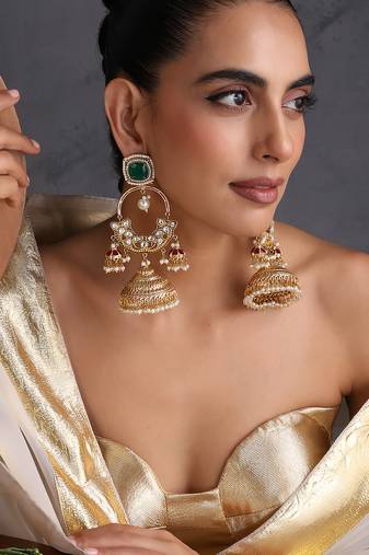 Gold plated emerald green polki kundan jhumka earrings