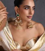 Gold plated emerald green polki kundan jhumka earrings
