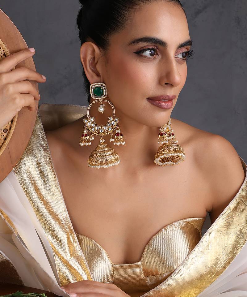 Gold plated emerald green polki kundan jhumka earrings