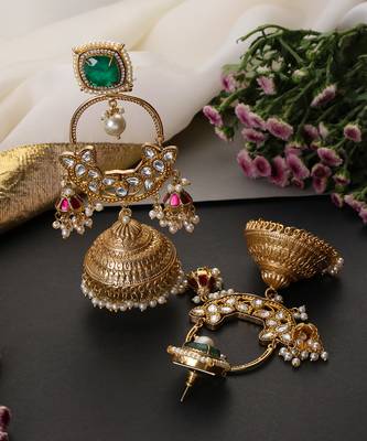 Gold plated emerald green polki kundan jhumka earrings 2