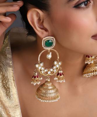 Gold plated emerald green polki kundan jhumka earrings 3