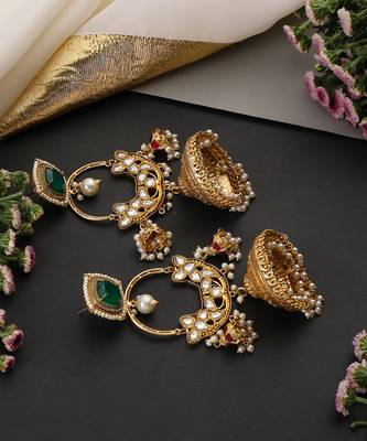 Gold plated emerald green polki kundan jhumka earrings 4