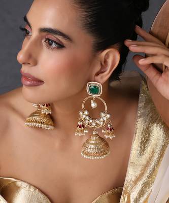Gold plated emerald green polki kundan jhumka earrings 5