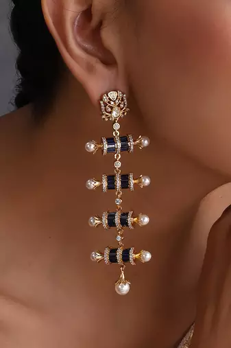 Gold plated blue polki dangler earrings